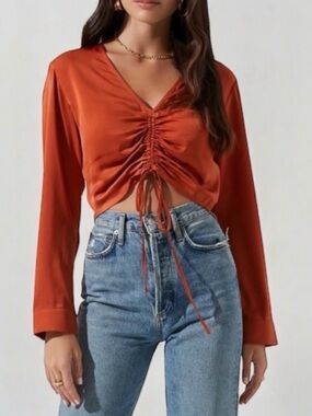 ASTR • Satin Shirred Blouse in Rust